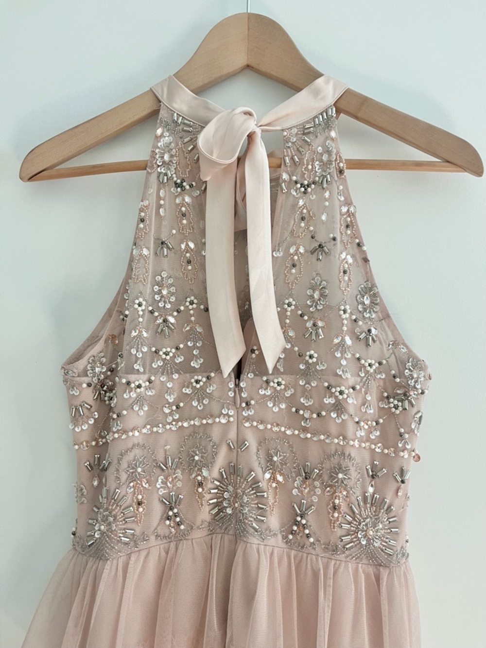 Adrianna Papell Blush Pink Tiered Tulle Skirt Beaded Bodice Ball Gown Dress Sz 6 - Picture 14 of 15